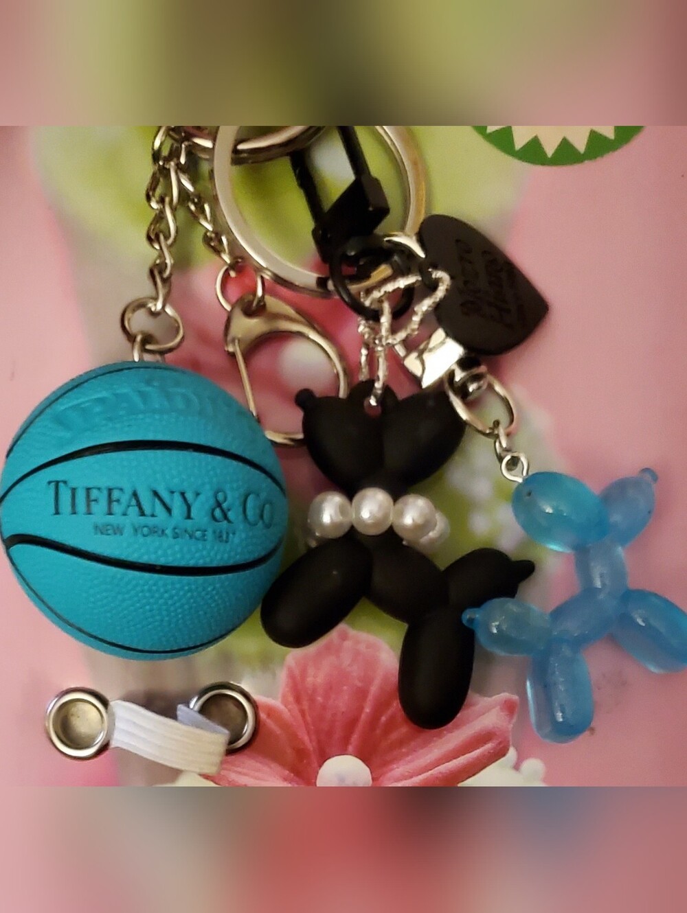 Blue Basketball Bag Charm/Keychain with Balloon Dog Charms, Silver Hardware
